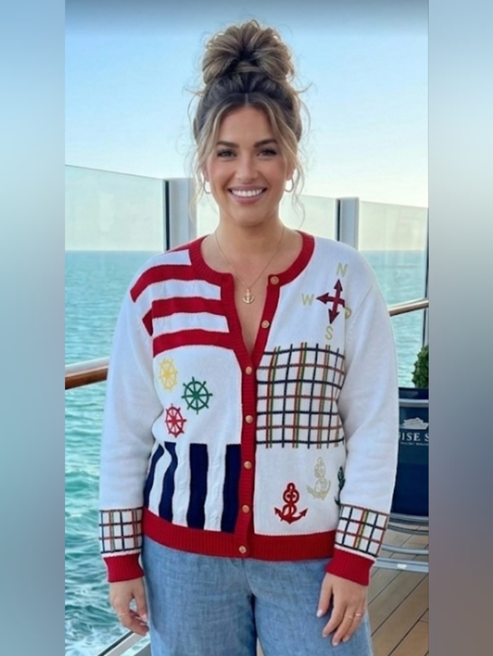 Vintage XL Yacht Club Nautical Maritime Embroidered Whimsical Cotton Cardigan